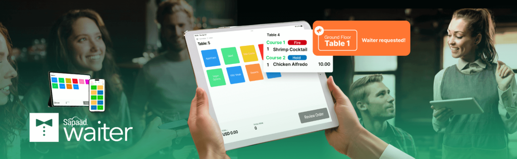 Waiter using waiter app on ipad assisting customers.