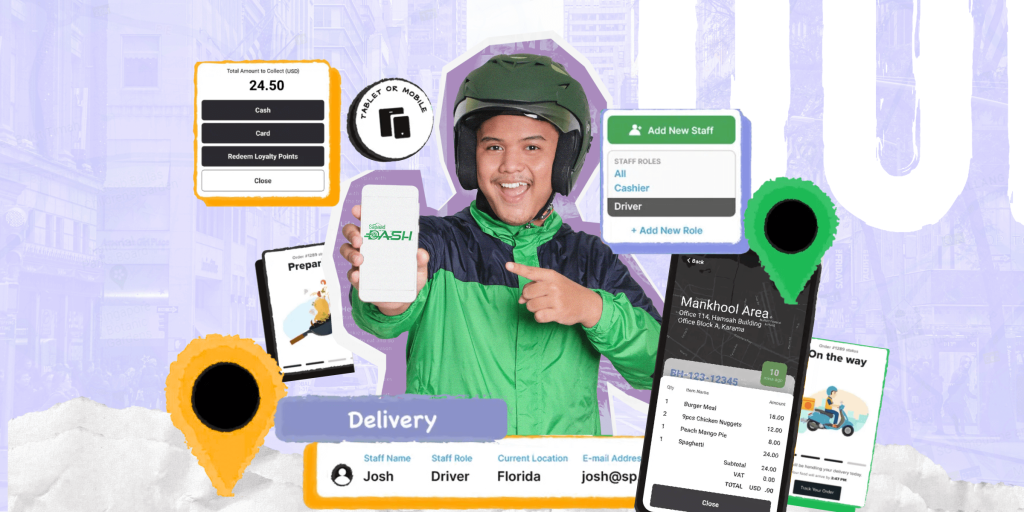 Delivery rider pointing at phone featuring delivery management software features.