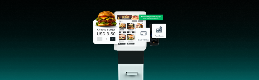 Self-ordering restaurant kiosk on a black and turquoise background.
