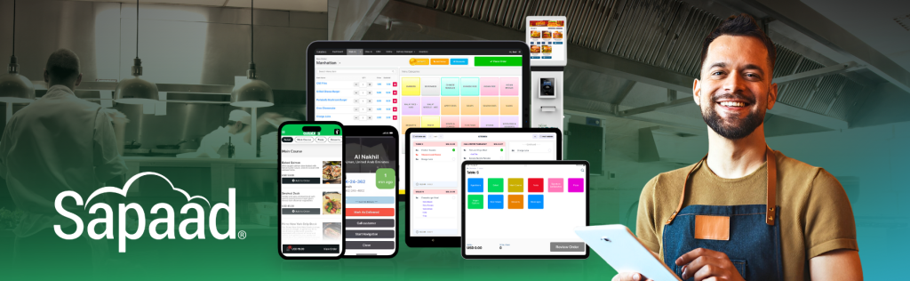 Man standing with tablet, and the different screenshots of Sapaad features displayed in the middle.