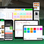Man standing with tablet, and the different screenshots of Sapaad features displayed in the middle.