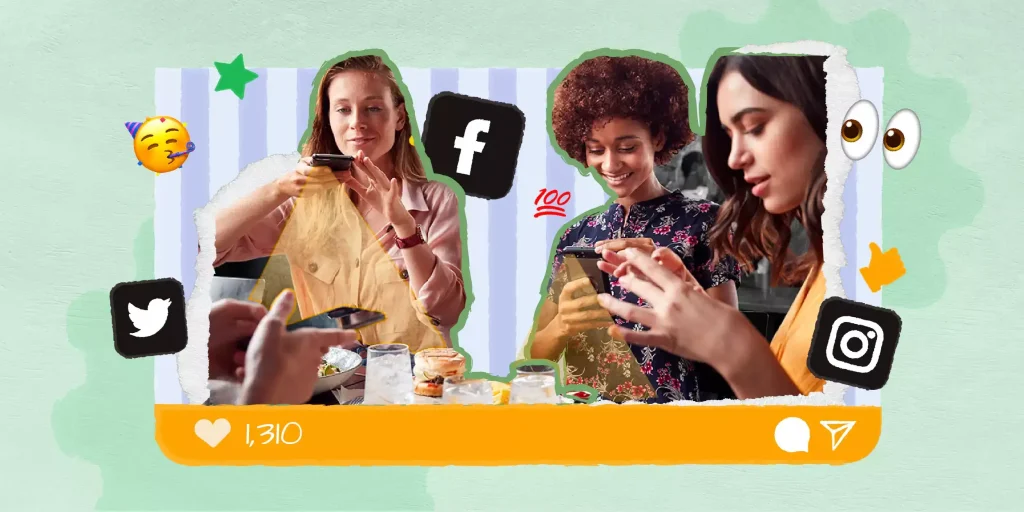3 girls posting food photos on social media