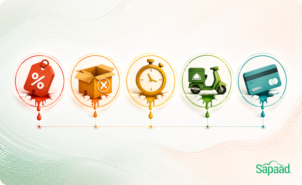 Illustration of five restaurant revenue leaks represented by icons for discounts, stockouts, ticket delays, delivery orders, and payment failures, with the Sapaad logo.