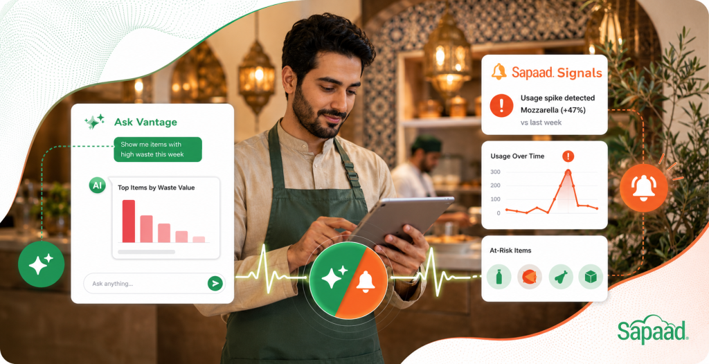 Restaurant operator using Ask Vantage and Sapaad Signals AI business intelligence platform to monitor restaurant performance alerts, analytics dashboards, and real-time operational notifications.