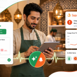 Restaurant operator using Ask Vantage and Sapaad Signals AI business intelligence platform to monitor restaurant performance alerts, analytics dashboards, and real-time operational notifications.