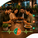 Four restaurant guests using their smartphones to order via a OneQR code on the table, surrounded by graphic overlays highlighting Sapaad OneQR’s ordering process and real-time analytics features.
