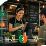A food truck operator uses the Sapaad Go POS terminal to serve a customer, with transparent interface cards highlighting mobile ordering, payments, live sales, and real-time business insights.