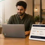 A restaurant manager reviews targeted promotions on a laptop beside a Sapaad dashboard displaying customer eligibility, with callouts highlighting centralized promotion management, audience targeting, live insights, and multi-outlet reporting.
